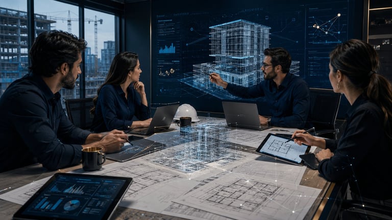 Architects and engineers collaborating around a table with blueprints and digital displays in a modern office with city views
