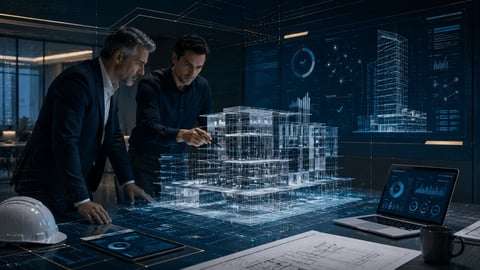 Two businessmen examine a holographic 3D building model in a modern office with digital displays and architectural plans
