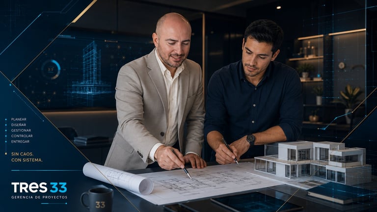 Two men in business attire reviewing architectural blueprints at a desk with a white building model in a modern office setting