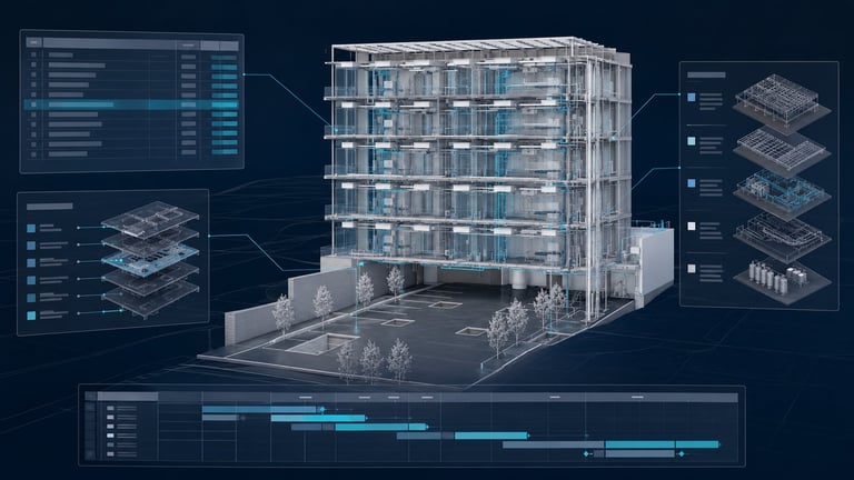 3D architectural blueprint showing a modern building design with digital interface panels and technical data visualization on dark background