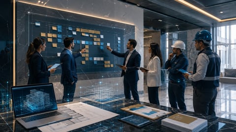 Business team reviewing project management board with sticky notes in modern office with digital displays