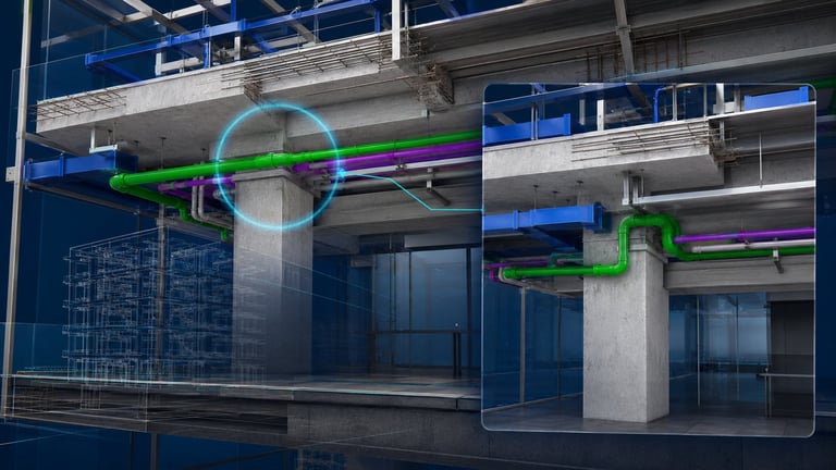 3D architectural rendering showing HVAC and plumbing systems with color-coded pipes in modern building interior