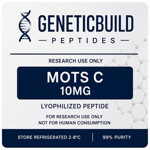 GeneticBuild Peptides MOTS C 10mg lyophilized peptide label with DNA helix logo and research use only warning