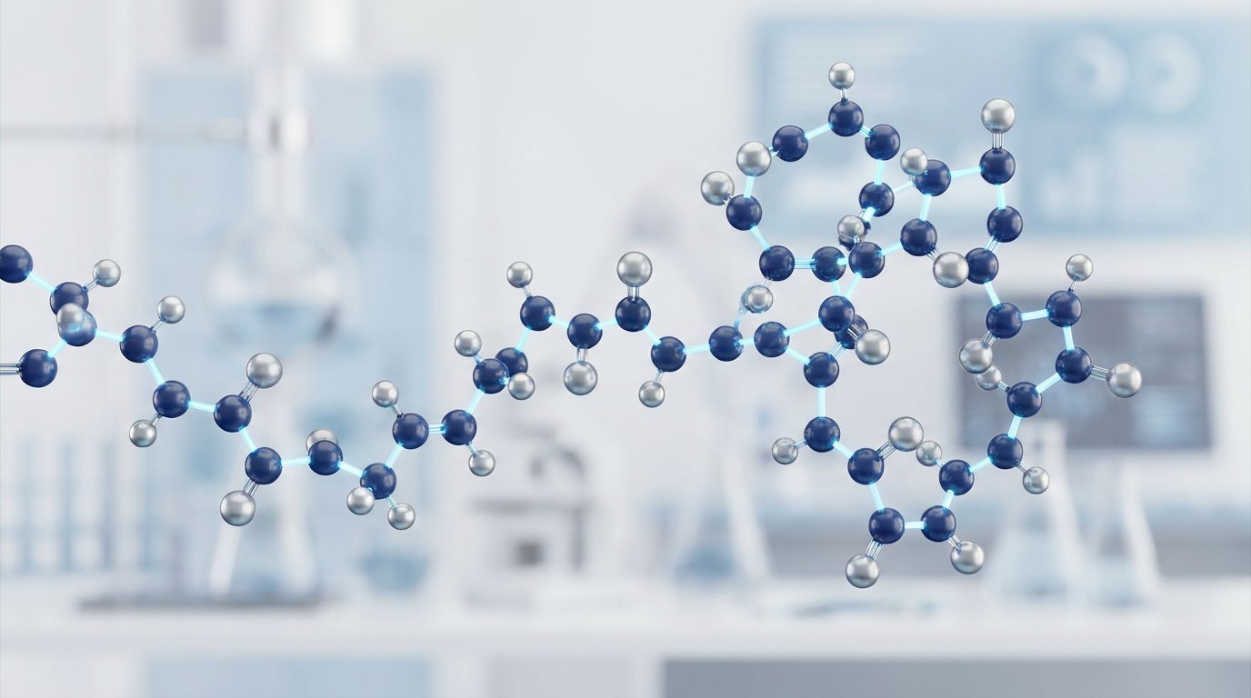 3D molecular structure model with blue and silver spheres connected by bonds floating over a blurred laboratory background