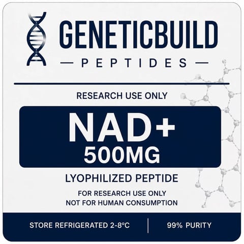 GeneticBuild Peptides NAD+ 500mg lyophilized peptide research label with storage and purity information