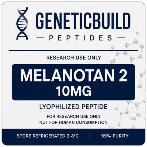 GeneticBuild Peptides label for Melanotan 2 10MG, a lyophilized peptide for research use only, 99% purity, store refrigerated 2-8C