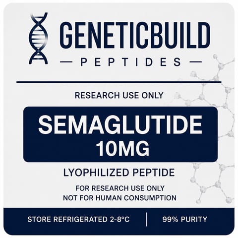 GeneticBuild Peptides Semaglutide 10mg research vial label with DNA helix logo and storage instructions