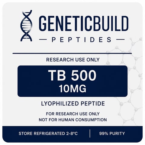 GeneticBuild Peptides TB 500 10mg lyophilized peptide label for research use only, 99% purity, store refrigerated 2-8°C
