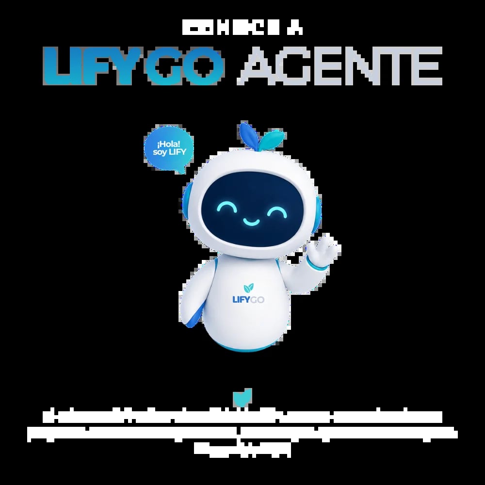 UFY GO Agente chatbot mascot with white body and blue face, waving and displaying a speech bubble on black background