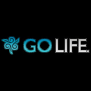 GO LIFE logo featuring a blue ornamental butterfly symbol with GO in turquoise and LIFE in gray text