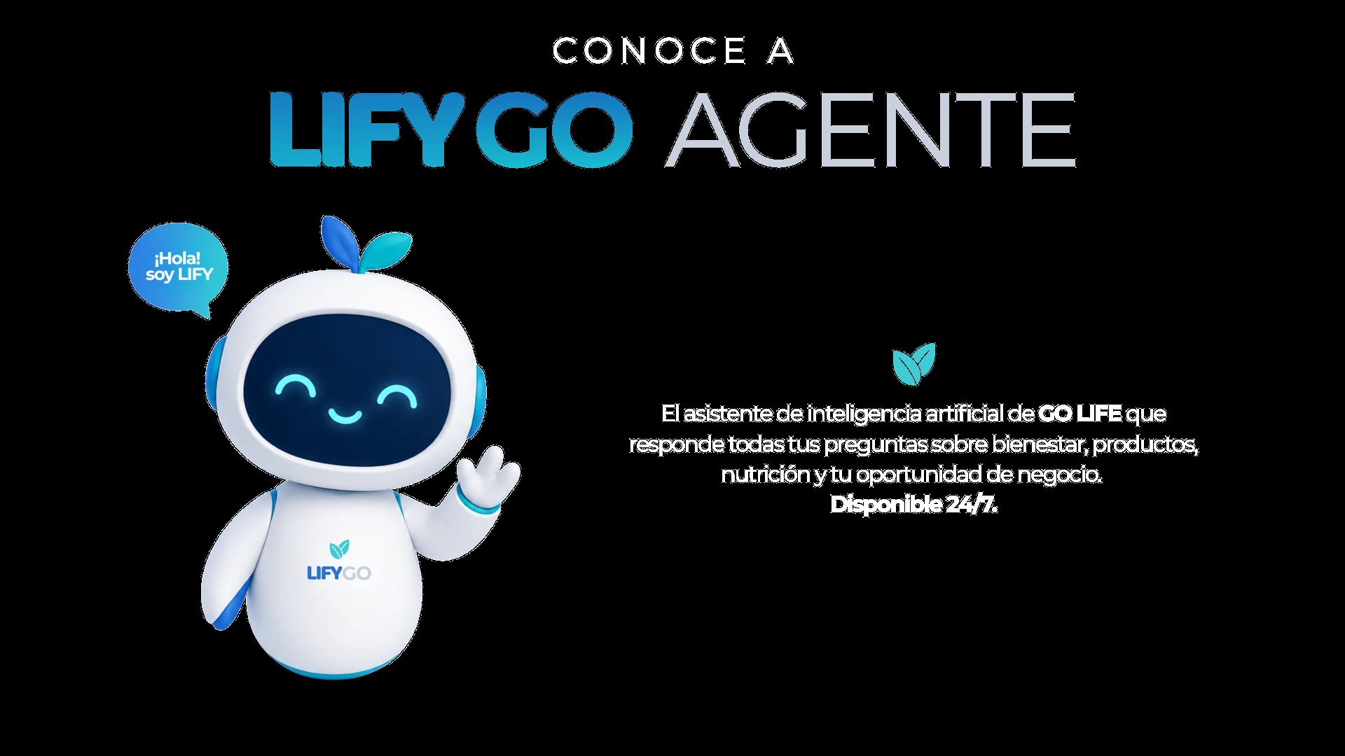 Cartoon robot mascot with blue accents labeled LIFYCO AGENTE, waving with a cheerful smiling face on black background