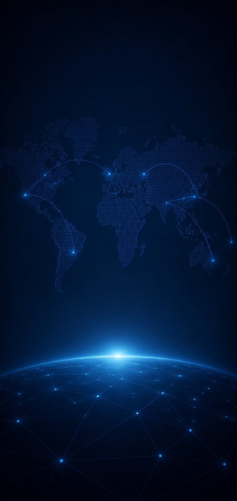 Mapa mundo digital con red de nodos luminosos y conexiones sobre fondo oscuro