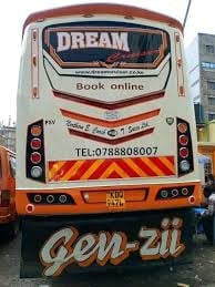 Rear view of a red and white Dream brand bus with Book online text, Gen-ZH name, and phone number displayed