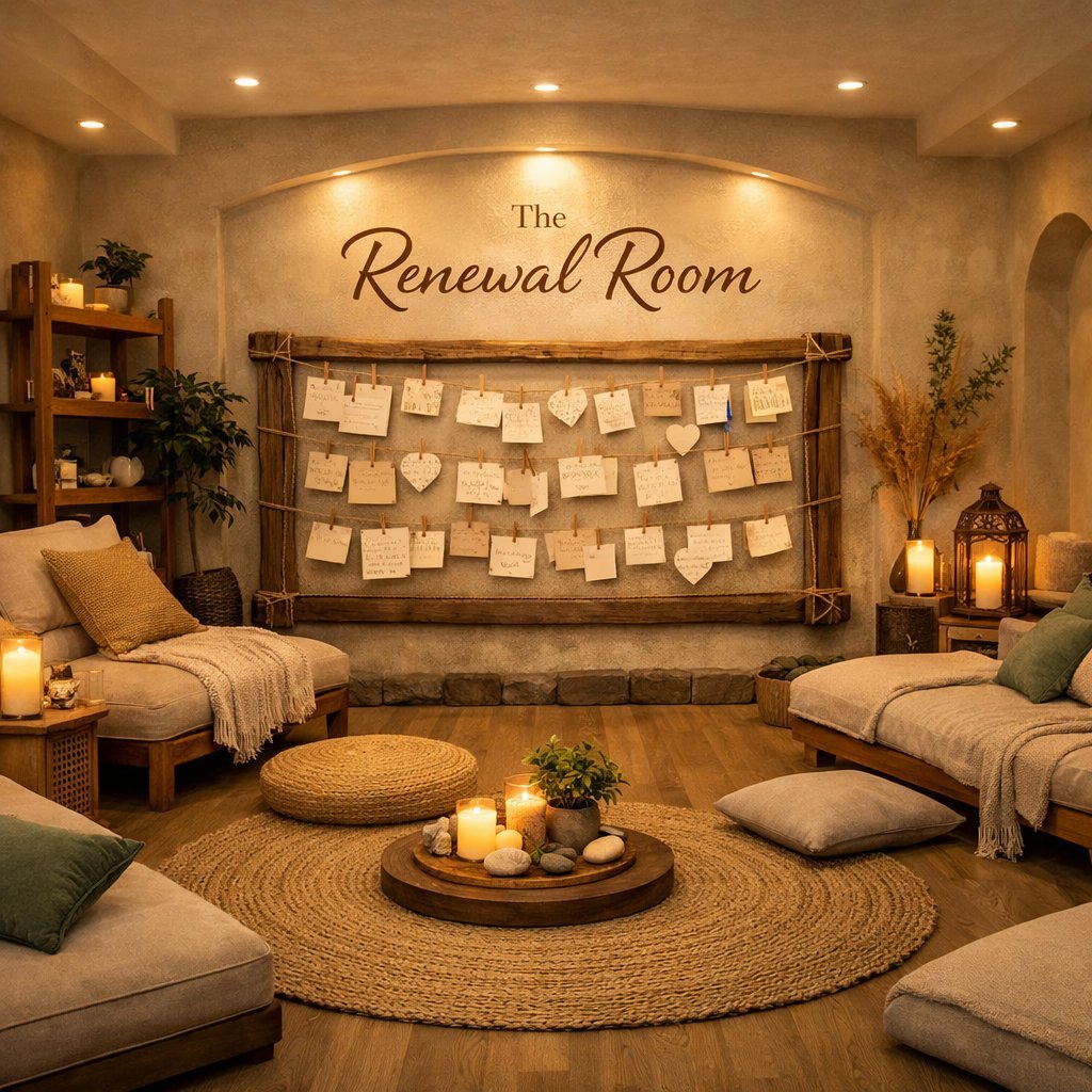 Cozy renewal room with The Renewal Room sign, wooden wall display with note cards, floor seating with pillows, central round rug with candles, warm ambient lighting, and plants.
