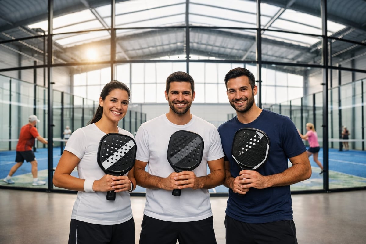 Three paddle tennis players holding rackets standing together in an indoor court facility