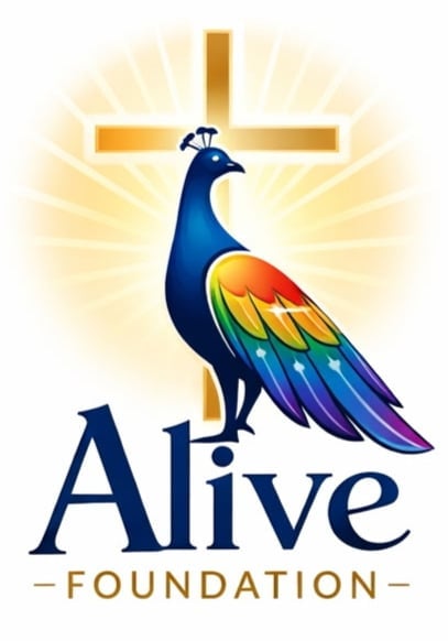 Alive Foundation logo featuring a colorful peacock with rainbow wings beneath a golden cross on a light background.