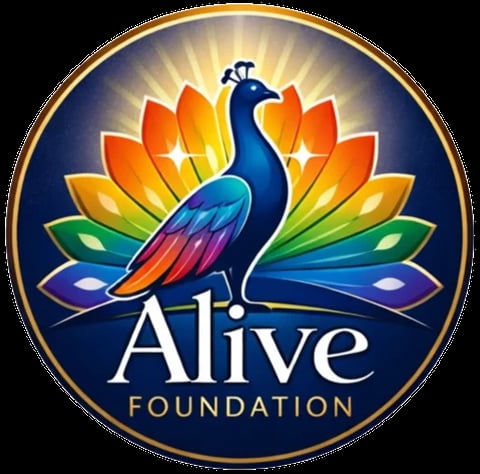 Alive Foundation logo featuring a colorful peacock with vibrant feathers in a circular design with gold border