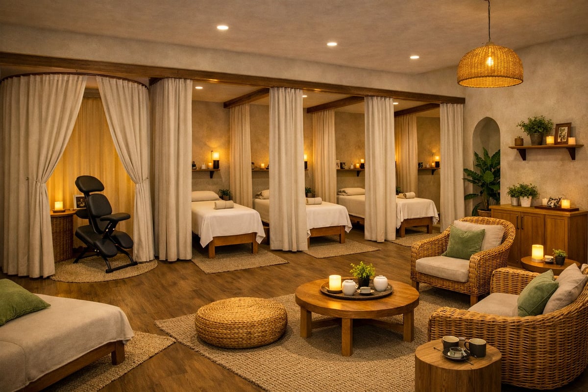 Luxury spa relaxation room with massage chairs, curtained beds, wooden furniture, warm lighting, and plants throughout the space.