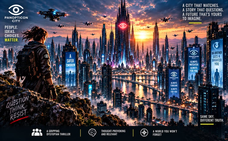 Futuristic dystopian cityscape at sunset with towering neon-lit skyscrapers, a figure in military gear on a rocky outcrop, and an eye symbol representing surveillance