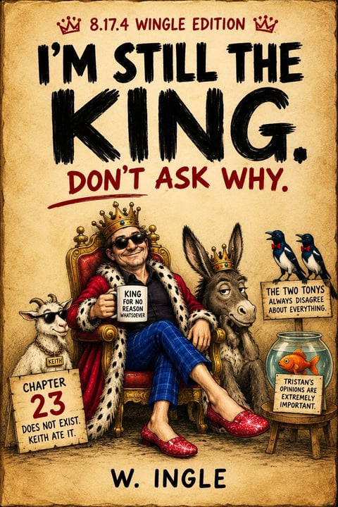 I'm Still The King book cover — king in sunglasses on a throne with donkey, goat, magpies and goldfish