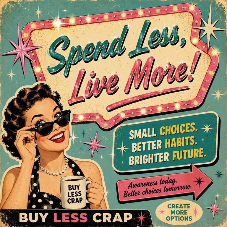 Vintage-style poster with woman in sunglasses promoting sustainable consumption with text Spend Less, Live More and Buy Less Crap