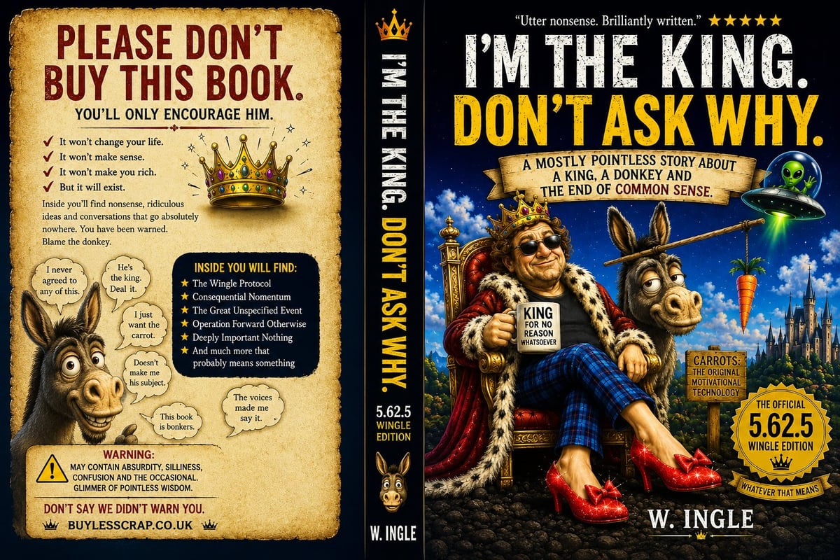 Book cover mockup for Im the King. Dont Ask Why showing a satirical fantasy tale with illustrated characters including a donkey and a cat, featuring a crown and cityscape background.