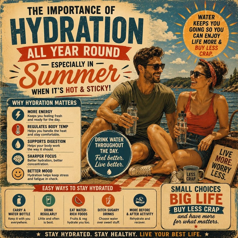 Vintage infographic poster about the importance of hydration in summer, featuring a couple relaxing outdoors with water and tips for staying hydrated
