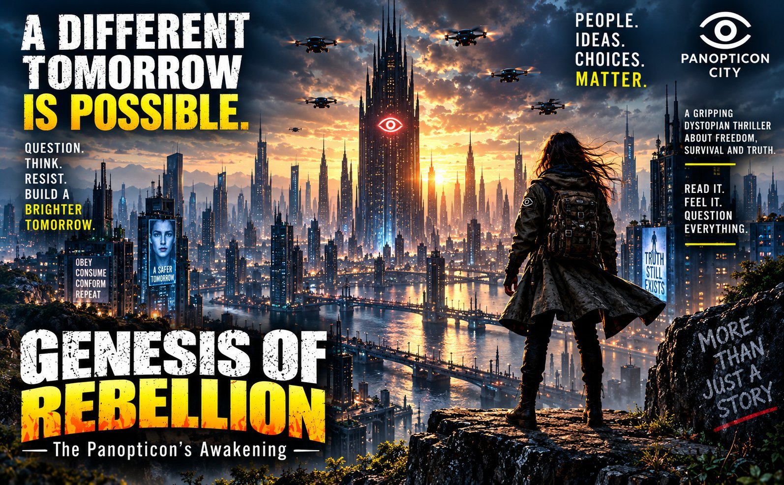 Sci-fi movie poster for Genesis of Rebellion showing a silhouetted figure overlooking a futuristic golden-lit cityscape with tall buildings and the tagline A Different Tomorrow is Possible