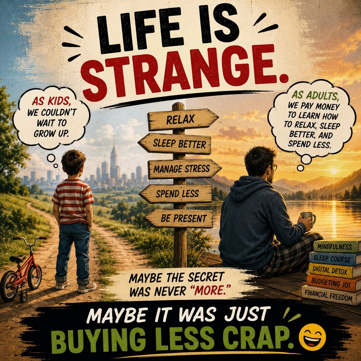Meme showing adults and children by a signpost overlooking a lake, contrasting childhood desires to grow up with adult advice to relax, sleep better, manage stress, and spend less, ending with a humorous message about buying less stuff.