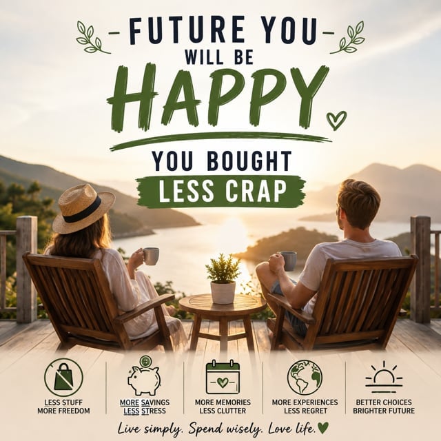 Two people relaxing on wooden chairs overlooking a lake and mountains at golden hour with Future You Will Be Happy You Bought Less Crap text and five icons — less stuff more freedom, more savings less stress, more memories less clutter, more experiences less regret, better choices brighter future. Live simply, spend wisely, love life
