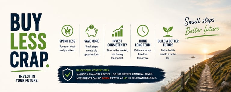 Infographic showing Buy Less Crap message with five icons illustrating benefits: spend less, save more, invest consistently, long-term financial growth, and build better life.