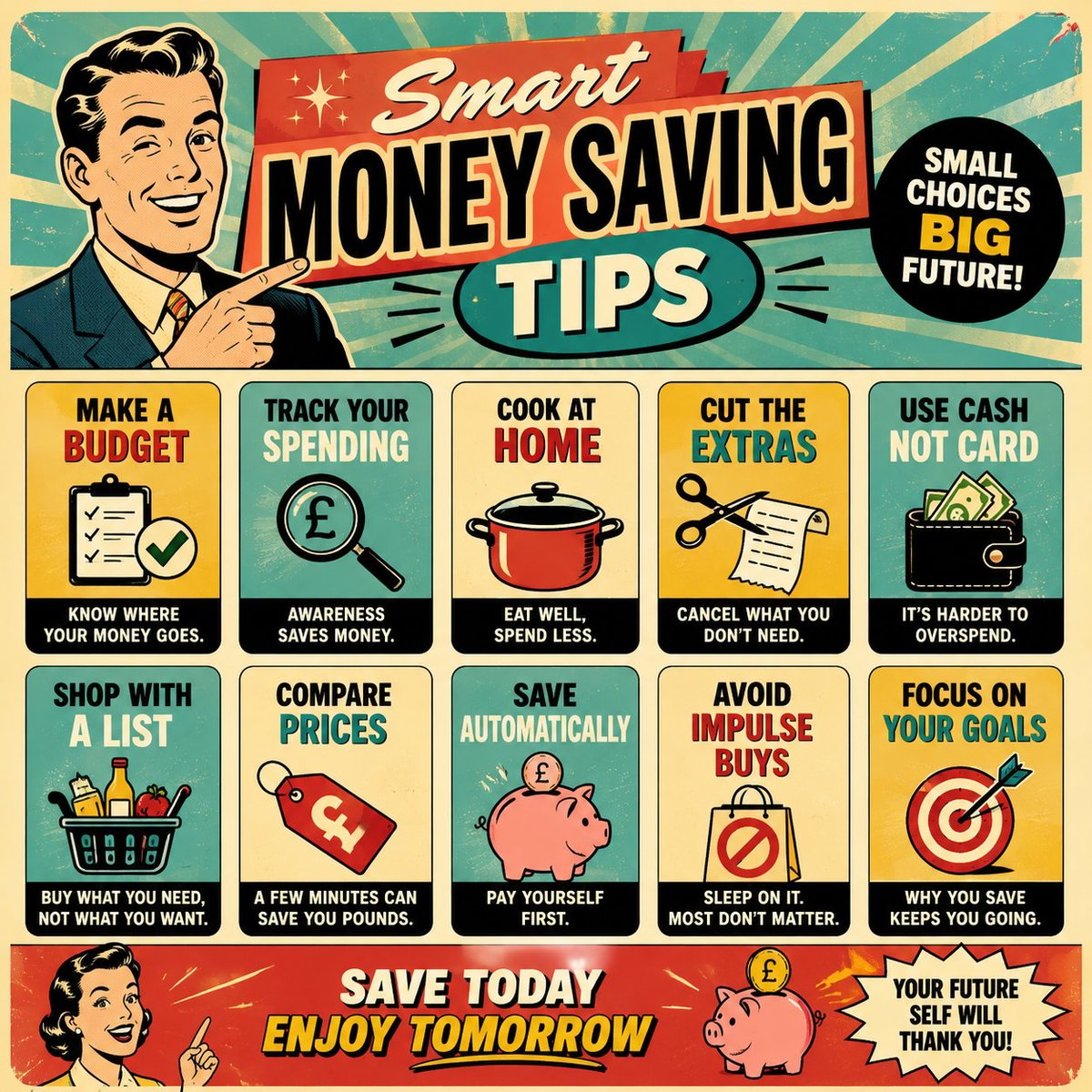 Smart Money Saving Tips: Small Choices Big Future! poster with 10 tips: Make a Budget, Track Your Spending, Cook at Home, Cut the Extras, Use Cash Not Card, Shop with a List, Compare Prices, Save Automatically, Avoid Impulse Buys, Focus on Your Goals. Save Today, Enjoy Tomorrow — Your Future Self Will Thank You!