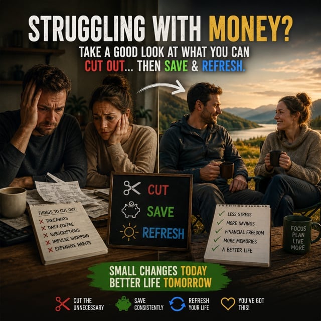 Stressed couple at a cluttered desk with bills contrasted with relaxed couple at a lakeside — cutting out takeouts, daily coffees, subscriptions, impulse shopping, and expensive habits leads to less stress, more savings, financial freedom, and more memories.