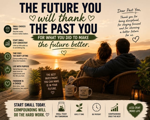Two people overlooking a sunset landscape with motivational text about building a better future through daily choices and actions