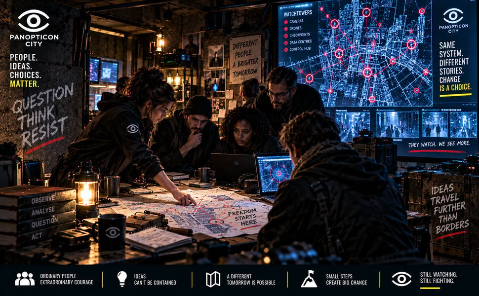 Group of people in dark clothing gathered around a table studying maps and documents in a dimly lit room with surveillance eye symbols and text overlays on walls