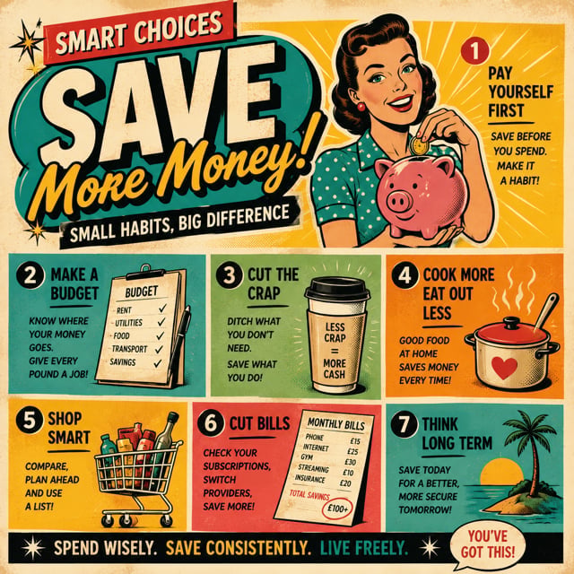 Smart Choices: Save More Money! poster with 7 money-saving tips: Pay Yourself First, Make a Budget, Cut the Crap, Cook More Eat Out Less, Shop Smart, Cut Bills, Think Long Term. Spend Wisely. Save Consistently. Live Freely. You've Got This!
