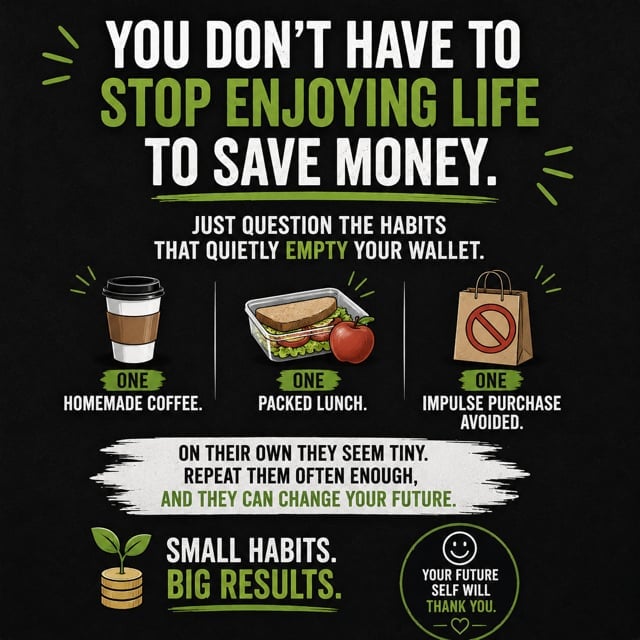 Motivational infographic: you don't have to stop enjoying life to save money — just question the habits that quietly empty your wallet. One homemade coffee, one packed lunch, one impulse purchase avoided. On their own they seem tiny. Repeat them often enough and they can change your future. Small habits, big results.