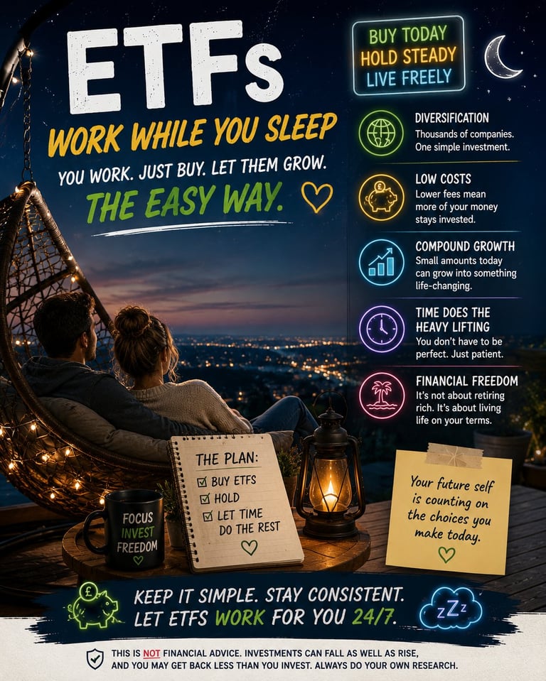 Promotional infographic about ETF investing featuring a couple relaxing at night with city lights, highlighting passive investment benefits like diversification and compound growth
