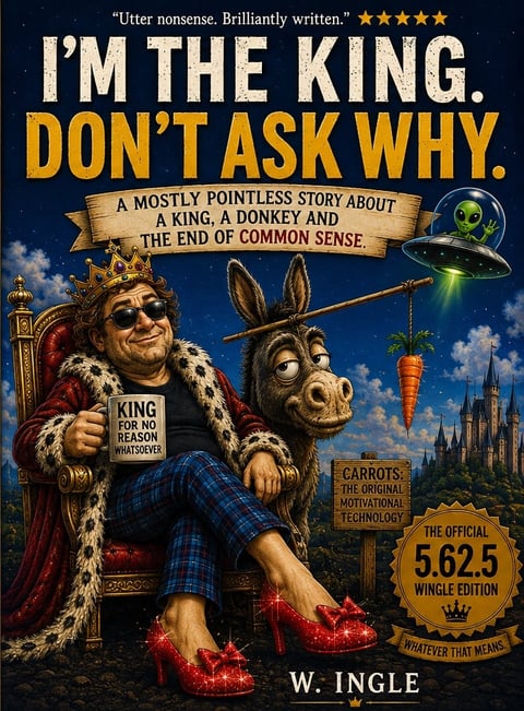 Book cover for Im the King. Dont Ask Why featuring a king with a donkey, UFO, castle, and glowing red shoes against a starry night sky