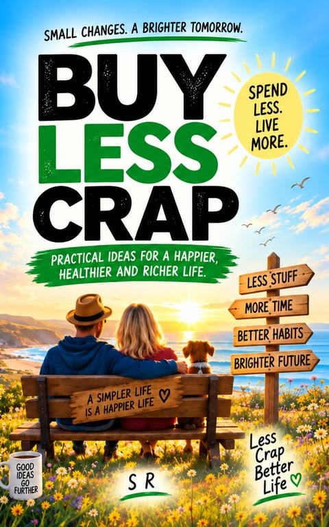 Buy Less Crap book cover showing a couple and dog sitting on a bench overlooking a sunset coastal landscape, with motivational text about simple living and happiness