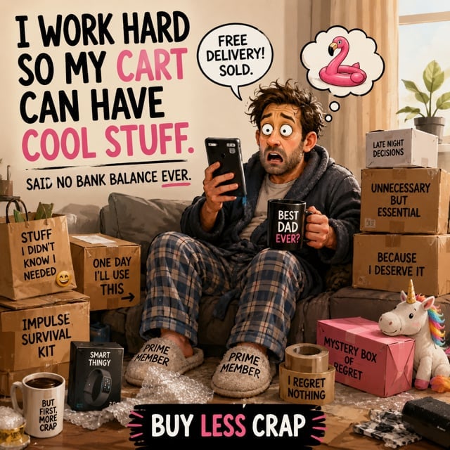 Man in pyjamas on the sofa surrounded by cardboard boxes from impulse shopping, holding phone with Free Delivery sold message, satirical poster — I work hard so my cart can have cool stuff, said no bank balance ever
