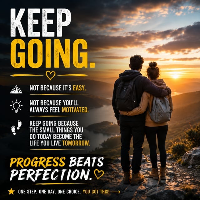 Two people with backpacks overlooking sunset mountains with motivational Keep Going text about perseverance and progress beats perfection