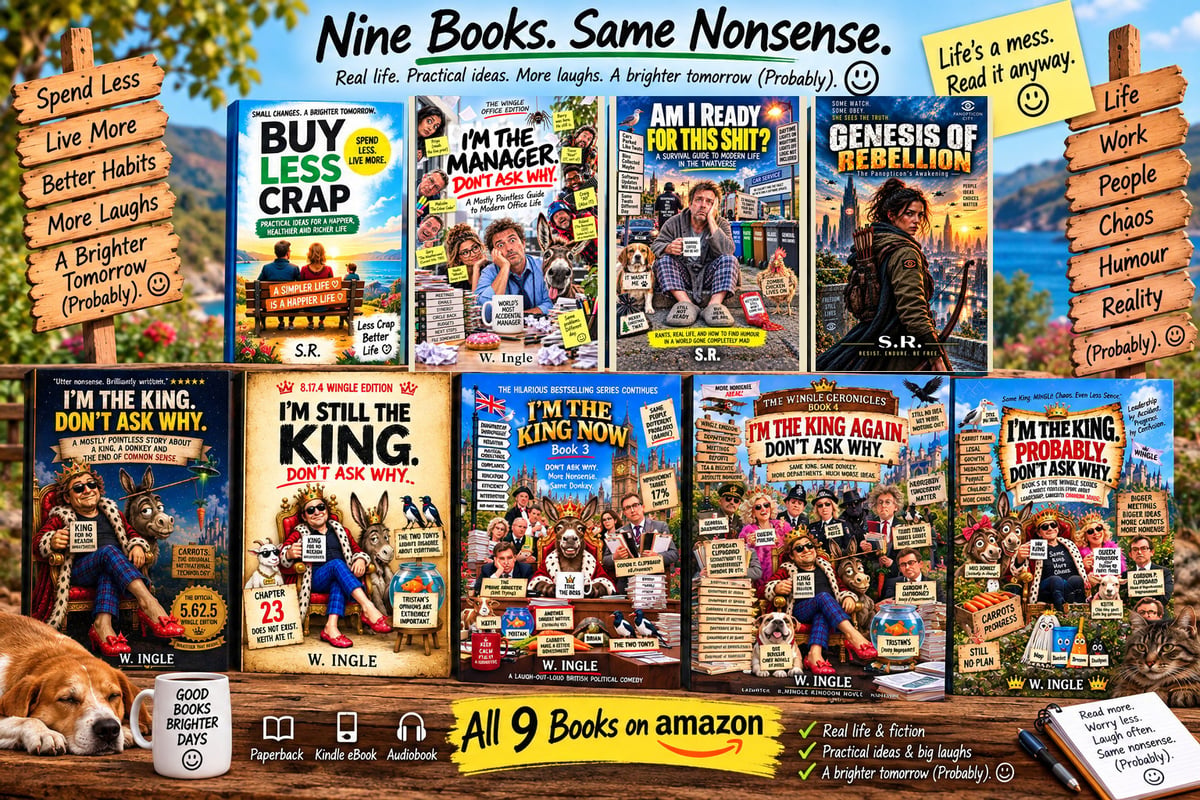 Promotional collage of all nine Buy Less Crap books — Buy Less Crap, the six-book Wingle Universe series, Am I Ready For This Shit?, and Genesis of Rebellion — with the tagline Nine Books. Same Nonsense. Available on Amazon.