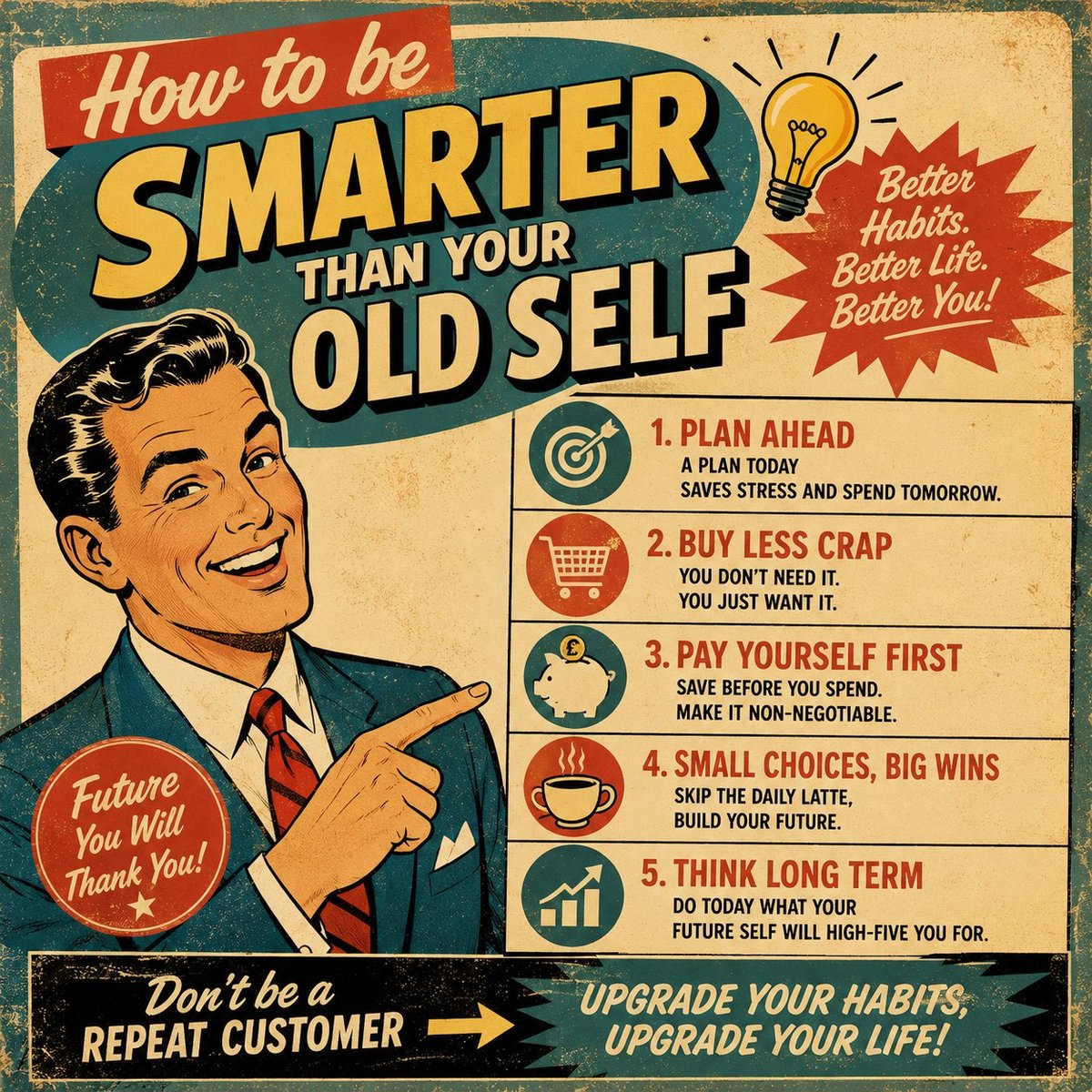 Vintage infographic poster showing a smiling man with 5 tips to be smarter than your old self: Plan Ahead, Buy Less Crap, Pay Yourself First, Small Choices Add Up, Think Long Term. Old you wanted it now — smart you builds a better later. Smart Choices, Better Life.