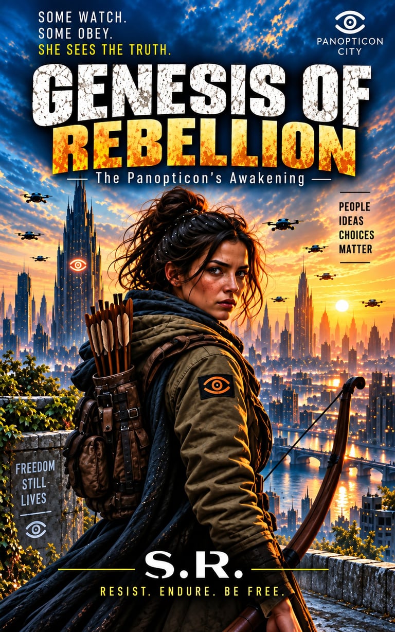 Book cover for Genesis of Rebellion featuring a woman archer overlooking a futuristic city skyline at sunset with dystopian towers and flying ships