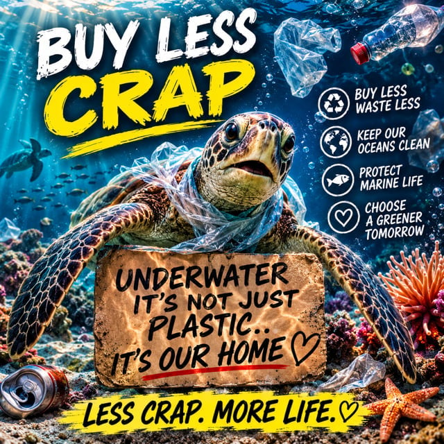 Sea turtle underwater surrounded by plastic waste holding a sign that says Underwater it's not just plastic, it's our home, with text promoting buying less and protecting oceans