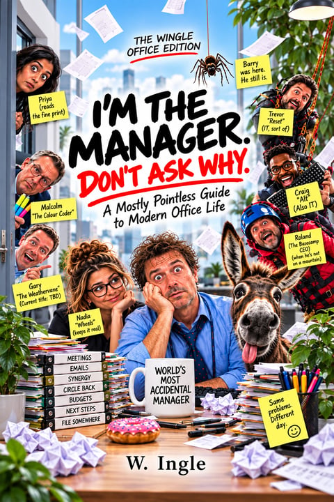 Book cover for Im the Manager. Dont Ask Why - The Wingle Office Edition by W. Ingle, showing a chaotic office scene with multiple characters (Priya, Trevor, Craig, Roland, Malcolm, Gary, Nadia) and a donkey at a desk surrounded by sticky notes and folders labeled Meetings, Emails, Synergy, Circle Back, Budgets, Next Steps, File Somewhere