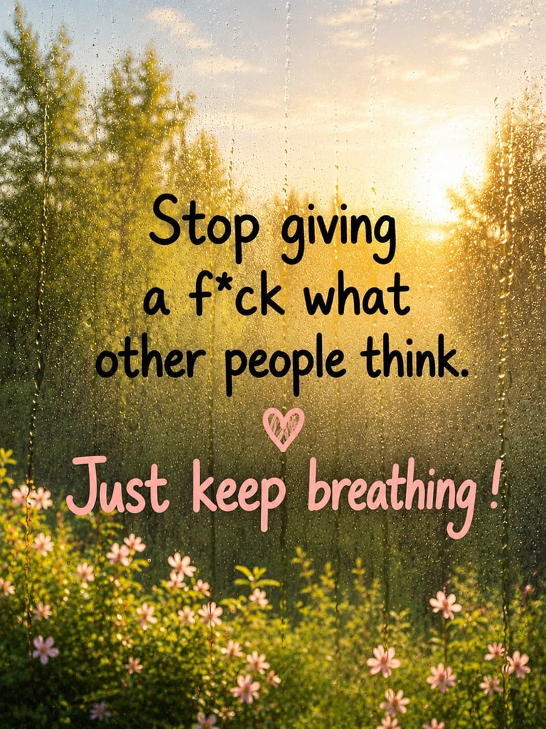 Motivational quote over serene forest scene with wildflowers and sunset light, saying stop worrying about others opinions and keep breathing