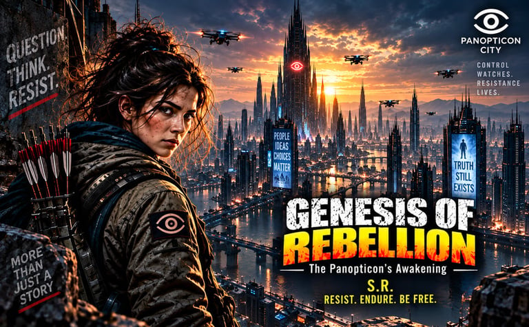 Young man with arrows on shoulder looking over dystopian cityscape with glowing spires and flying drones at sunset, Genesis of Rebellion movie poster