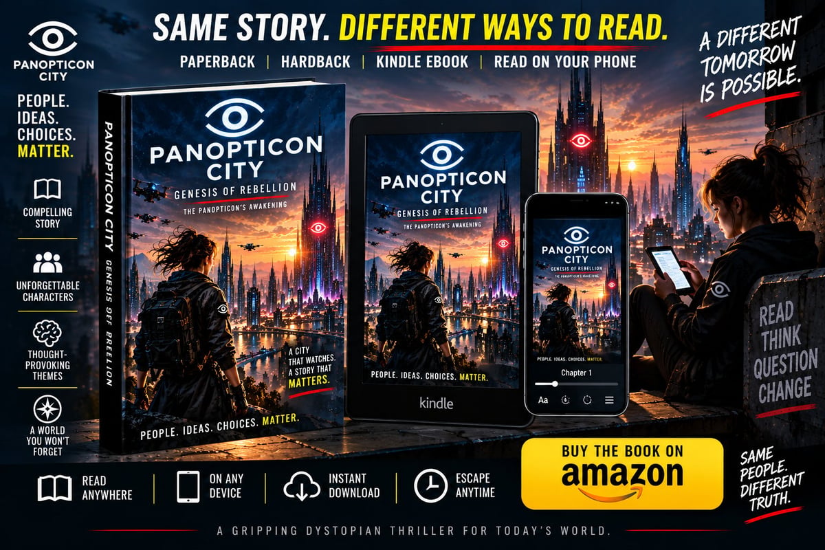 Promotional graphic for Panopticon City: Genesis of Rebellion showing the book available in paperback, hardback, Kindle eBook and phone-read formats against a golden dystopian cityscape, with the tagline Same Story. Different Ways To Read.